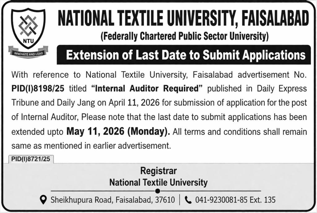 National Textile University Jobs in Faisalabad