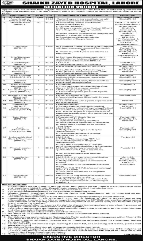 Shaikh Zayed Hospital Lahore Jobs