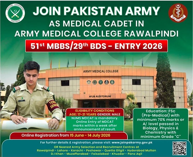 Join Pakistan Army as Medical Cadet